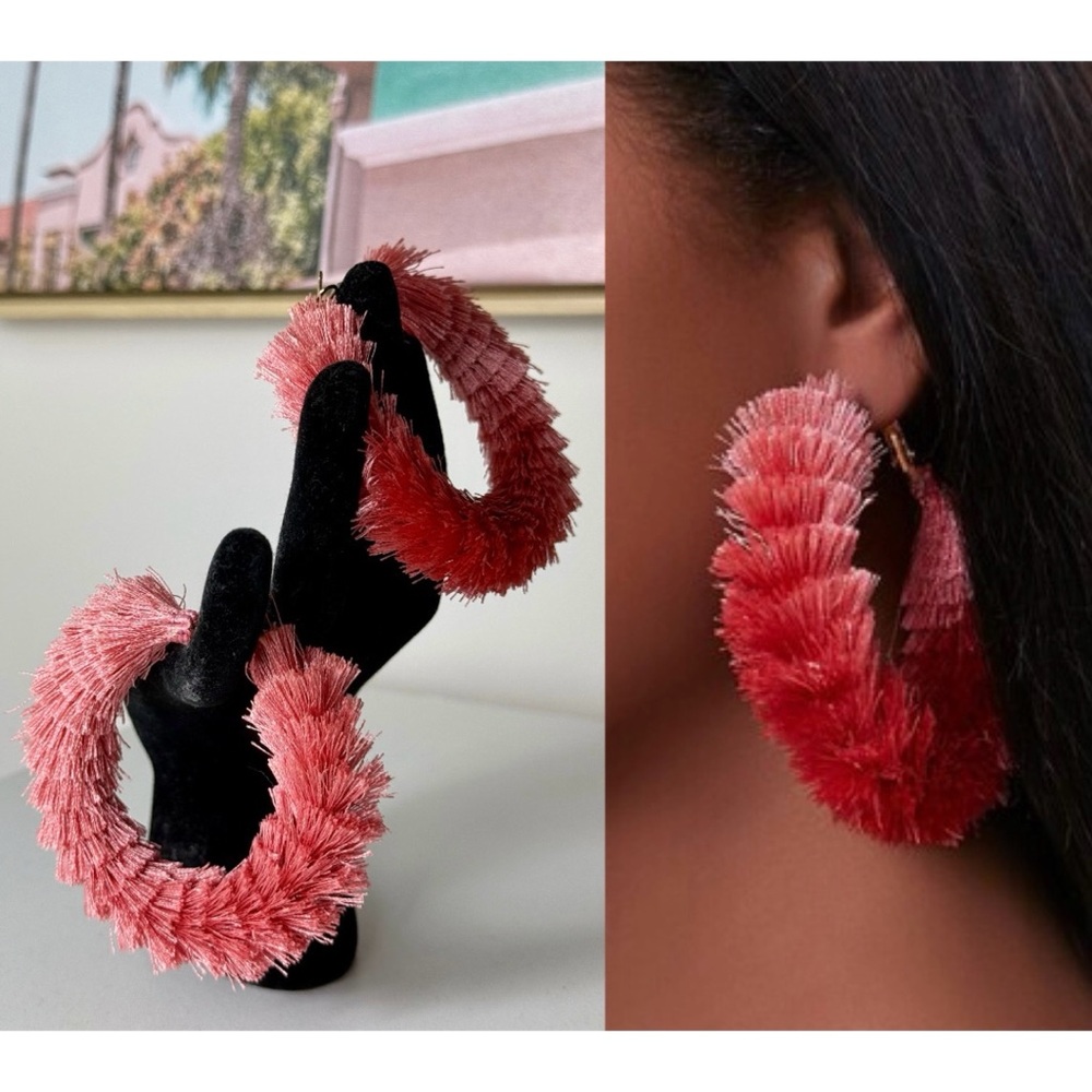 Forever 21 Pink Ombre Fringe Hoop Earrings Boho Round Statement Jewelry OS